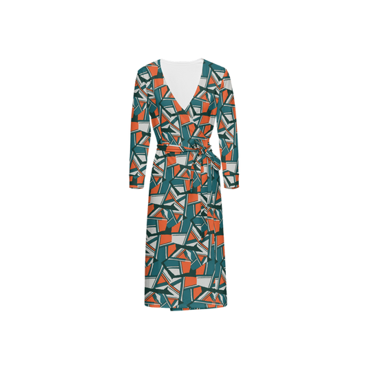 Women's ¾ Sleeve Wrap Dress-Orange and Green Boulders Print